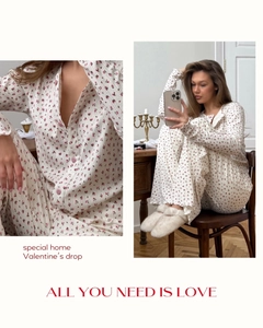 Detailed knit texture and floral pattern on women's pajama set with vintage home setting