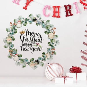 Christmas wreath wall decal with cartoon characters and Merry Christmas festive greeting