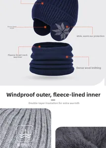 Detail of navy blue winter hat set with thermal fleece lining and snowflake pattern
