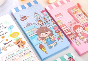 Detail of cute pastel cartoon weekly planner with magnetic closure and grid pages