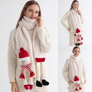 Beige knit Christmas scarf featuring festive snowman doll ornaments for winter warmth