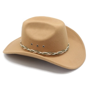 Detail view of khaki wool felt cowboy hat with braided band and metal eyelets