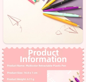 Detailed view of colorful retractable plastic ballpoint pens with product specifications