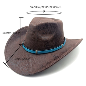 Brown faux leather western cowboy hat with snake pattern and size chart measurements