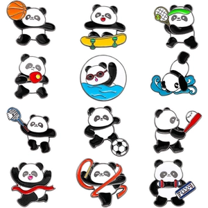 Set of 12 panda sports enamel pins featuring basketball, soccer, and tennis themes