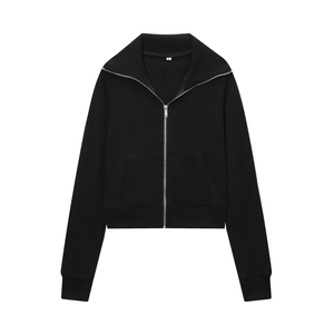 Detail of black zipper fleece jacket with stand collar and size S tag on white background