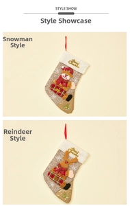 Detailed display of burlap Christmas stockings featuring Snowman and Reindeer characters