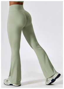 Detail of high-waist yoga flare pants showing scrunch butt design and wide waistband