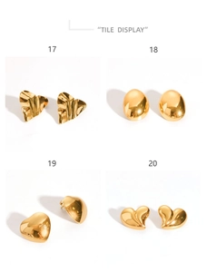 Detail display of four minimalist 18K gold plated stainless steel stud earring designs