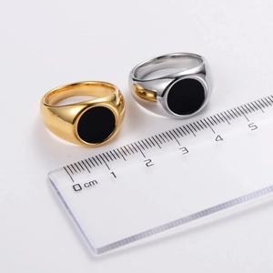 Signet Ring Minimalist 304 Stainless Steel Round Black Enamel Inlay Polished Vacuum Plated Jewelry For Men Women