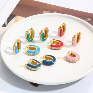 U Shaped Hoop Earrings Copper With 18K Gold Plated Colorful Enamel Drip Oil White Zircon Inlay Bohemian Style For Women
