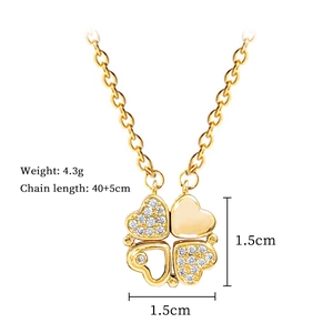Macro shot showing 1.5cm heart clover pendant with dimensions and weight specs