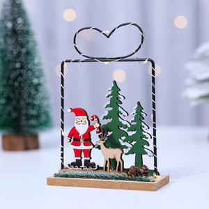 Christmas wooden desktop ornament with Santa, reindeer and LED fairy lights in black frame