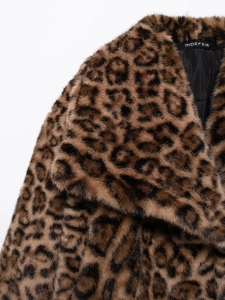Detail of leopard print faux fur coat featuring wide lapels and soft texture