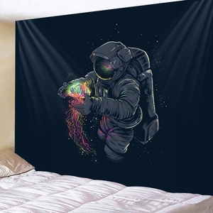 Bedroom wall decor featuring a tapestry with a realistic astronaut and neon jellyfish design