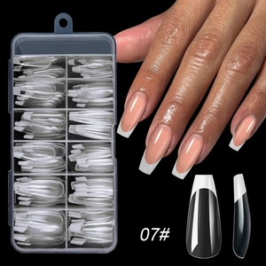 Detailed view of 07 French press-on nails featuring nude base with white tips in 10 sizes