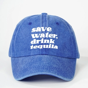 Navy blue washed denim baseball cap with white Save Water Drink Tequila slogan print