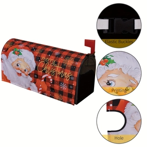 Detail view of Christmas mailbox cover with elastic buckles and Santa Claus printing