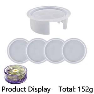 Silicone coaster mold set with holder showing DIY resin crafts and weight details