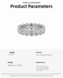 Detailed technical specs of S925 silver ring featuring 5A oval zircon stones