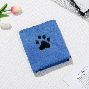 Close-up of blue microfiber pet towel with black paw print on a textured background