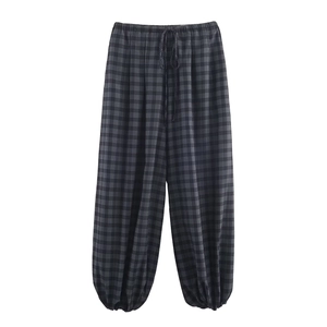 Classic dark grey plaid lantern pants with elastic drawstring waist and tapered cuffs