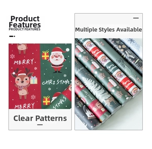 Detail showing various Christmas wrapping paper rolls with reindeer and Santa patterns