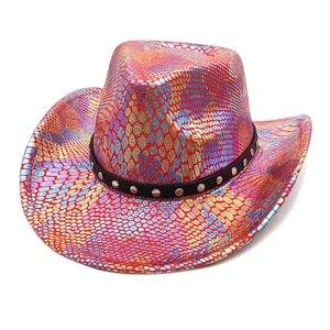 Macro detail of colorful gradient snake scale texture and silver studs on cowboy hat