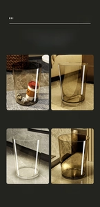 Four different home settings showing a minimalist transparent gray waste bin in high detail