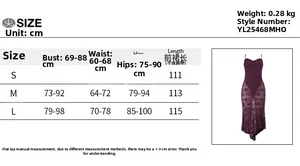 Size chart for strapless lace maxi dress in dark purple with detailed measurements