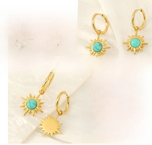 Detailed views of 18K gold plated starburst earrings with turquoise stone insets