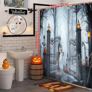 Halloween waterproof polyester shower curtain with orange pumpkins and forest background scene