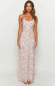 Detail of red floral spaghetti strap long dress with delicate tie-up back features