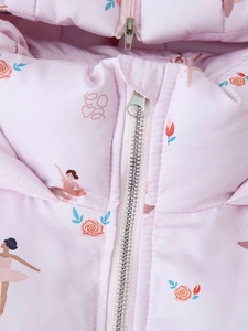 Close-up of pink hooded jacket featuring quilted texture with ballet girl and rose prints