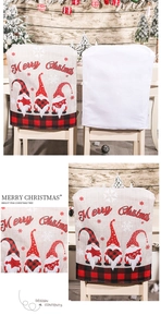 Detail of Christmas chair covers with gnome motifs and classic red and black plaid borders