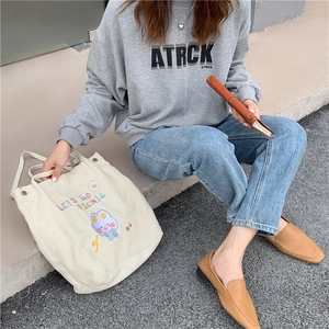 Sac fourre-tout en velours côtelé avec broderie lapin mignon et texte 'LET'S GO PICNIC'