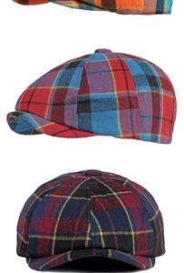 Detailed view of autumn winter plaid patterns on wool octagonal newsboy caps in various colors