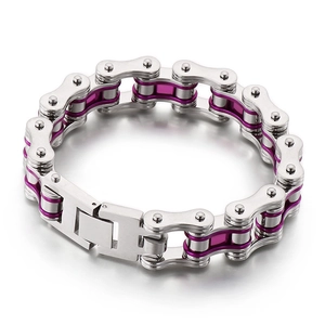 Mechanical stainless steel bike chain bracelet for men with vibrant purple inner links