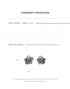 Detailed product size and material specifications for vintage flower pearl earrings