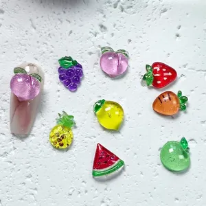 Summer fruit resin nail charms featuring 3D strawberry, watermelon and peach designs
