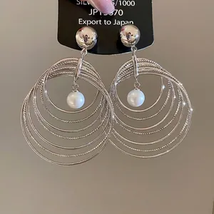 S925 silver multi-layer circle earrings with hanging white round pearl drop design