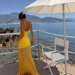 Gestricktes Camisole Maxi Kleid Ausgehöhlt V-Ausschnitt Slim Fit Urlaubsstil Gelb Rüschensaum