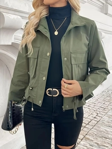 Elegant olive green drawstring cargo jacket with multiple pockets and stand-up collar