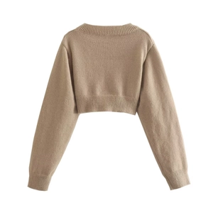 Elegant camel irregular knit sweater featuring ribbed cuffs and a minimalist back view