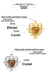 Detailed macro of heart crystal pendants in gold and rhodium-plated hollow design