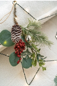 Star-shaped Christmas wreath with pine cones, red berries, bell and warm LED lights