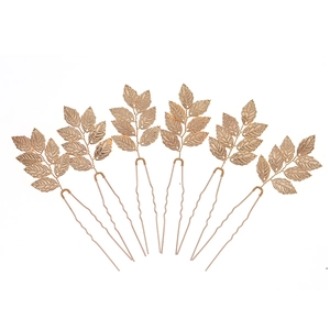 Golden metal leaf bridal hair pins set for weddings and elegant hair styling
