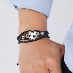 Bracelet de football en cuir tressé noir lumineux avec perles métalliques de sport