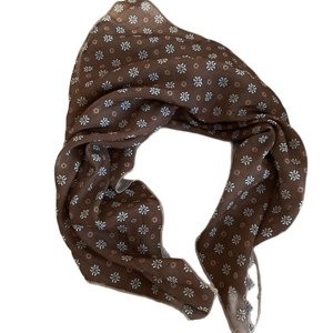 Elegant brown silk scarf necklace with floral polka dot pattern and fine edge stitching