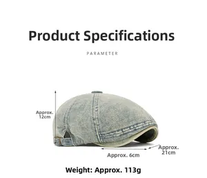 Detailed dimensions of blue washed denim newsboy cap showing height, brim and length